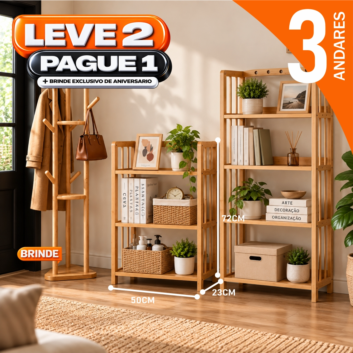 Estante Organizadora de Madeira 5 em 1 + BRINDE: Cabideiro de Bambu Moderno - COMPRE 1 LEVE 2