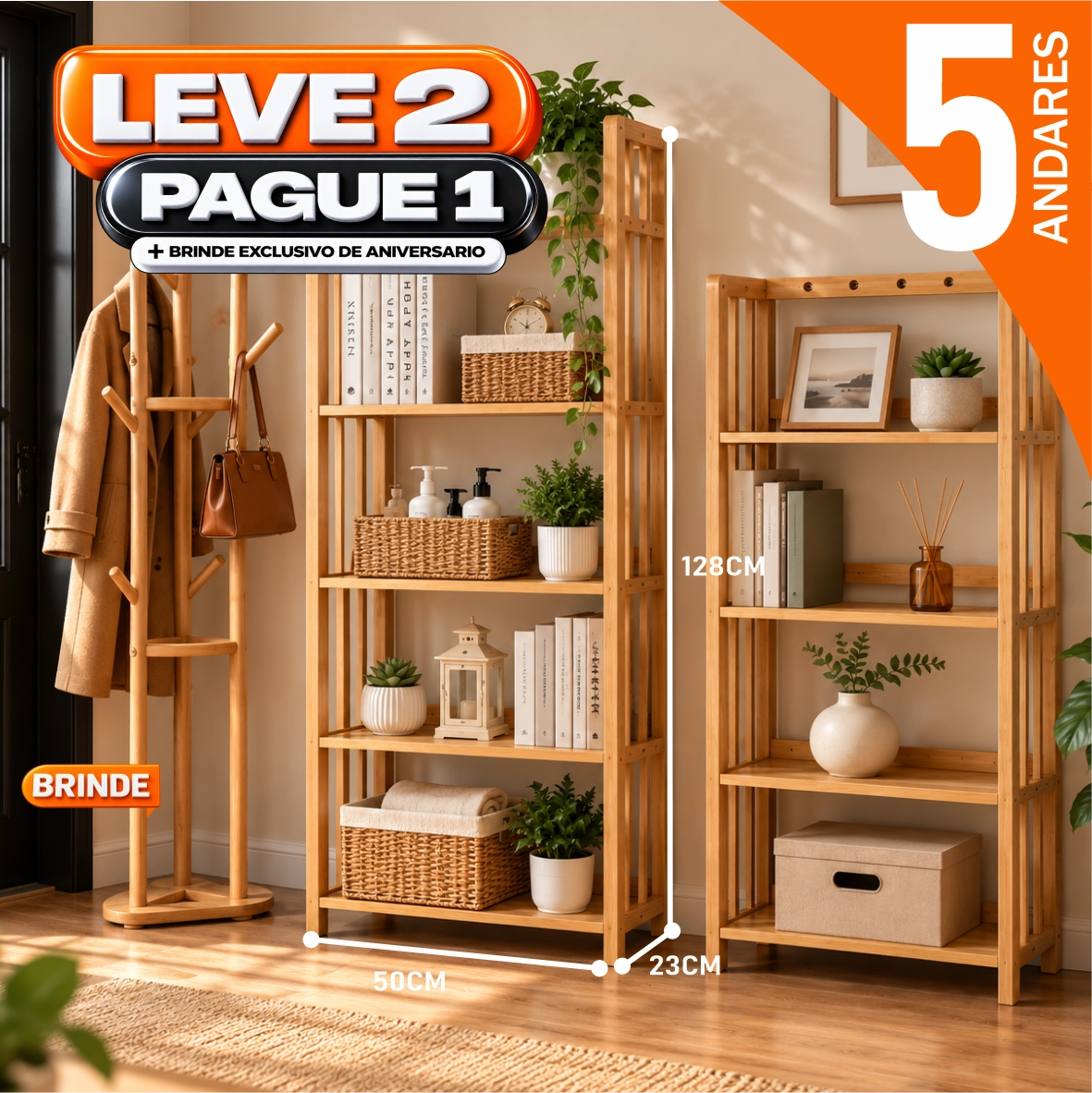 Estante Organizadora de Madeira 5 em 1 + BRINDE: Cabideiro de Bambu Moderno - COMPRE 1 LEVE 2